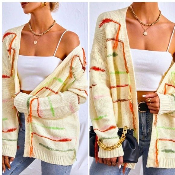 NWT! STRIPED PATTERN FRINGE DROP SHOULDER OPEN FRONT CARDIGAN IN CREAM! - Picture 9 of 12